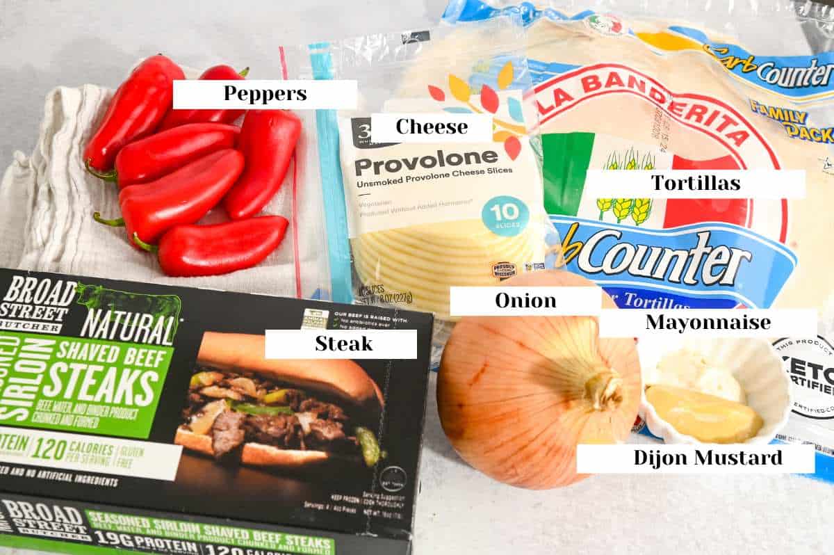 labeled ingredients for making beef steak quesadillas.