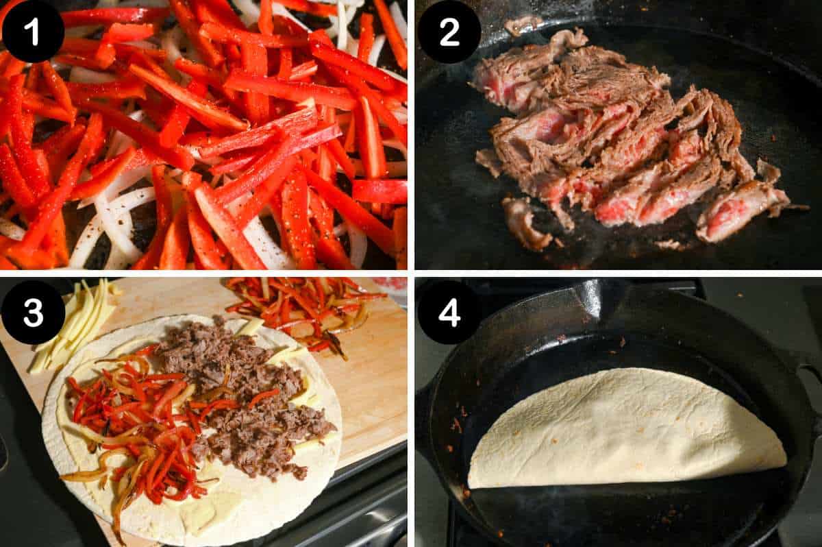 steps for making philly cheesesteak quesadillas.