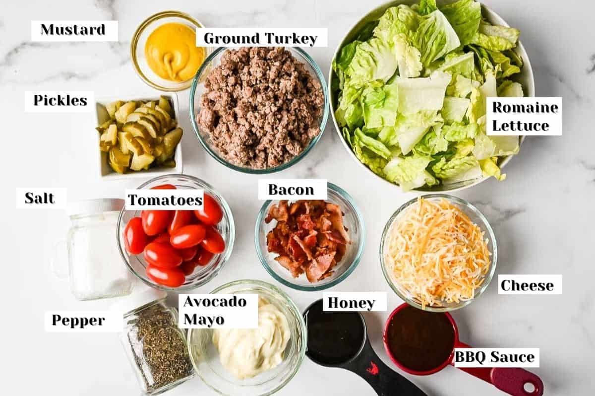 labeled ingredients for this cheeseburger bowls recipe.