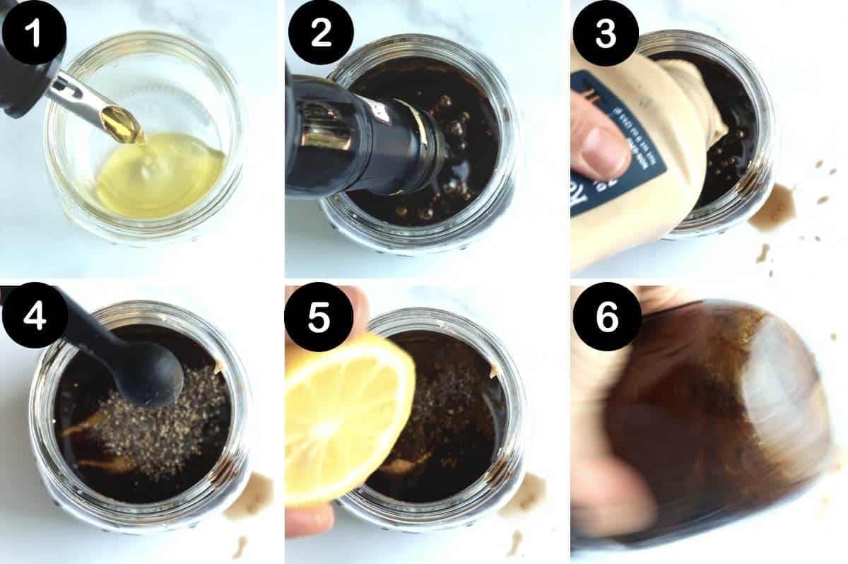 collage of steps for making the vinaigrette.
