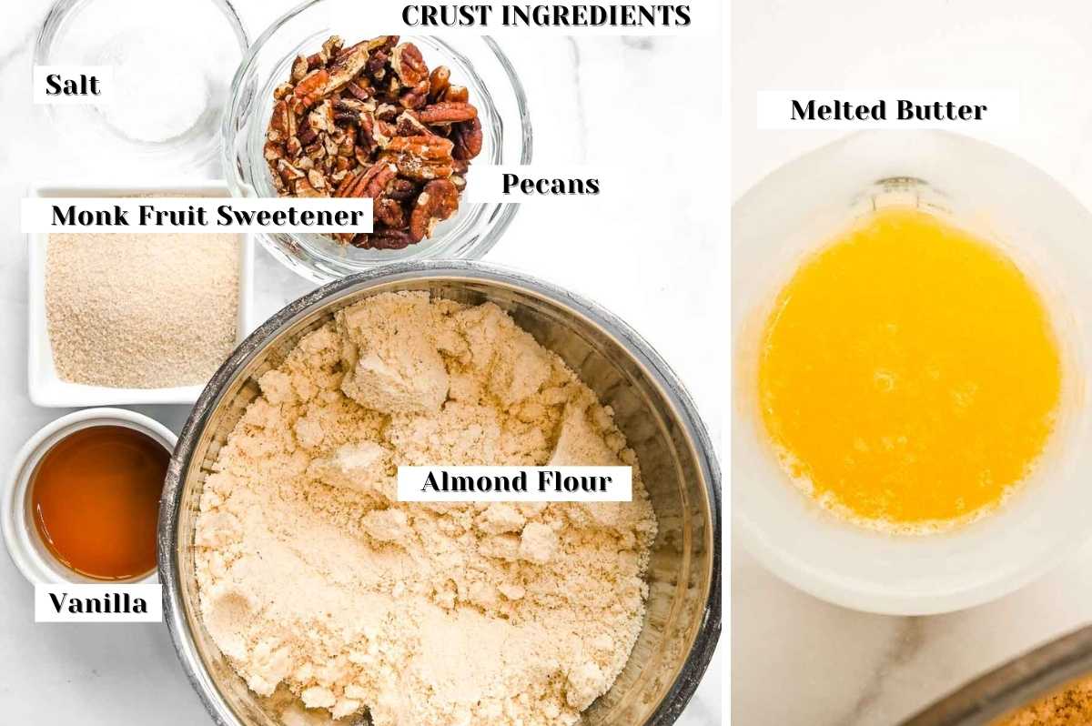 almond flour crust ingredients labeled and on a white background.