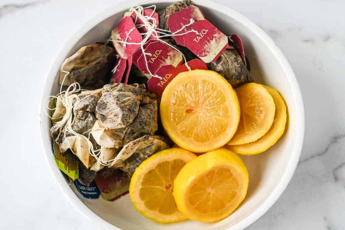view of used tea bags and lemons after 12 hour refrigeration.