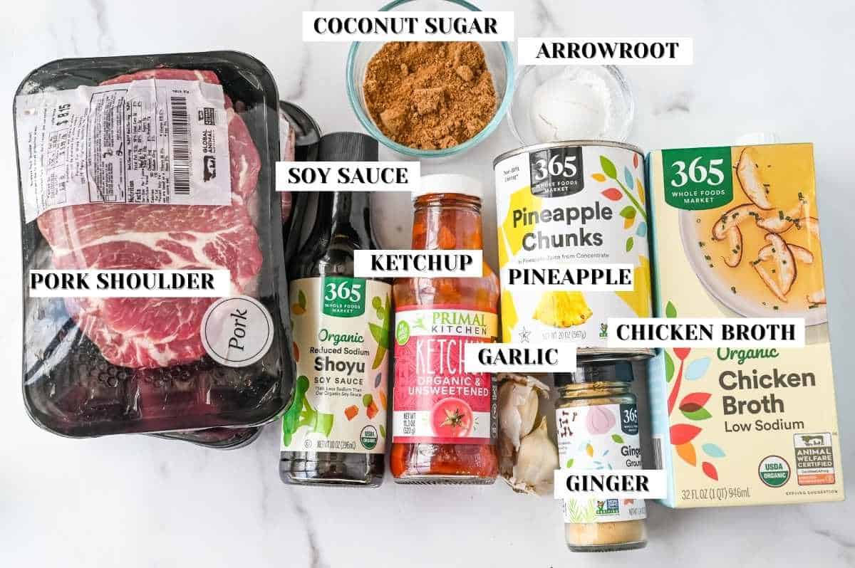 labeled ingredients for pineapple pulled pork on a white background.
