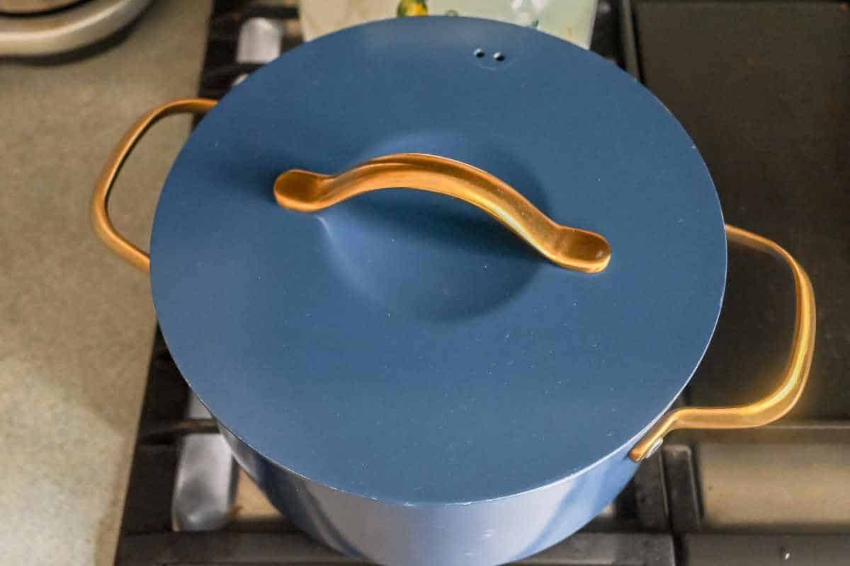 blue pot on the stove with a lid.