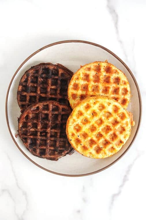 This chaffle recipe is the perfect low carb breakfast!  These chaffles are both sweet and savory and totally keto friendly!  The best recipe for a quick keto chaffle and the best chaffle maker for under $10!