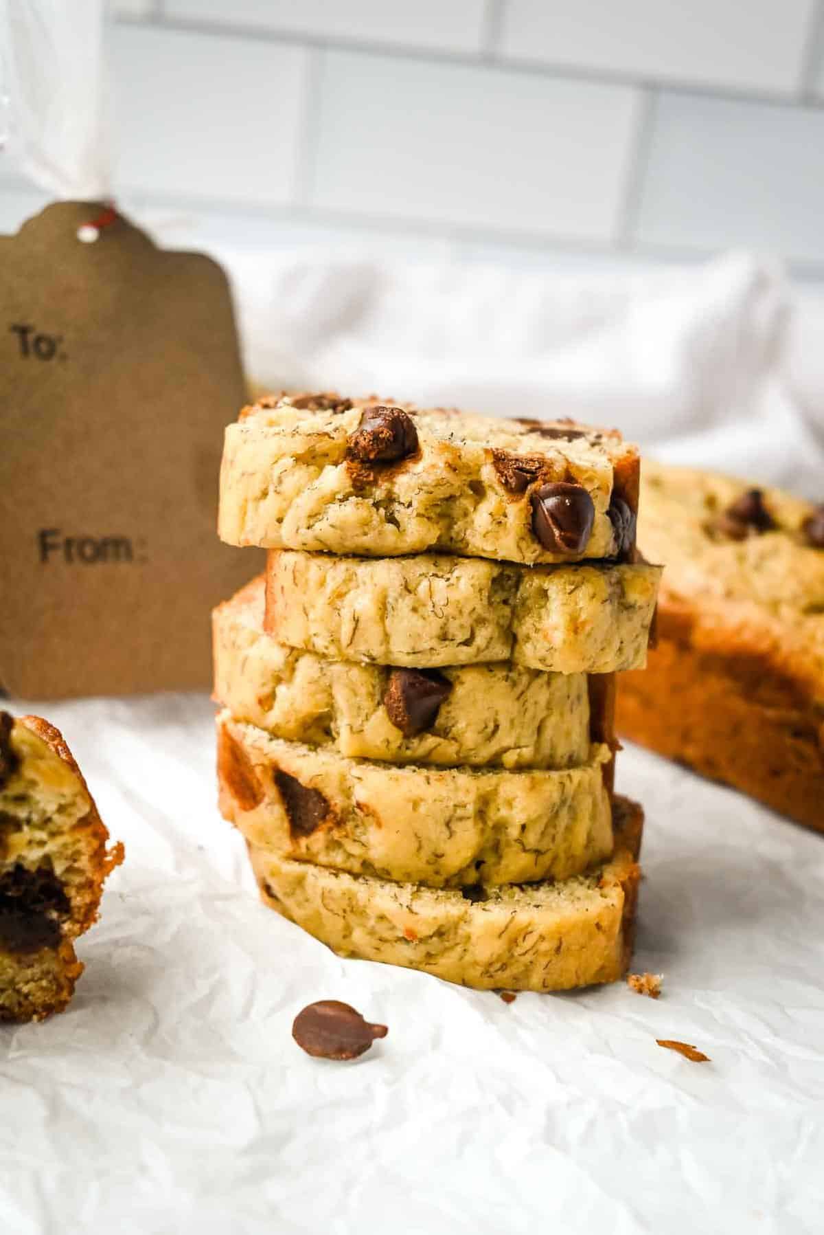 stack of banana bread slices.