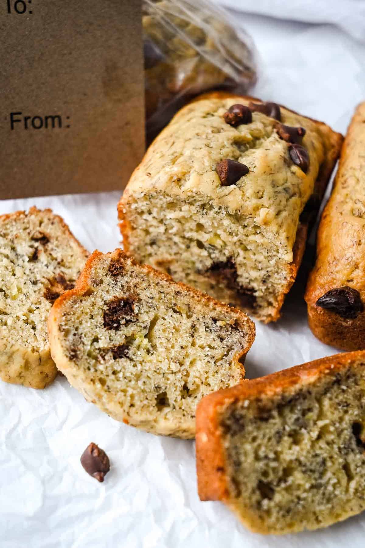 view of mini banana bread with 3 slices.