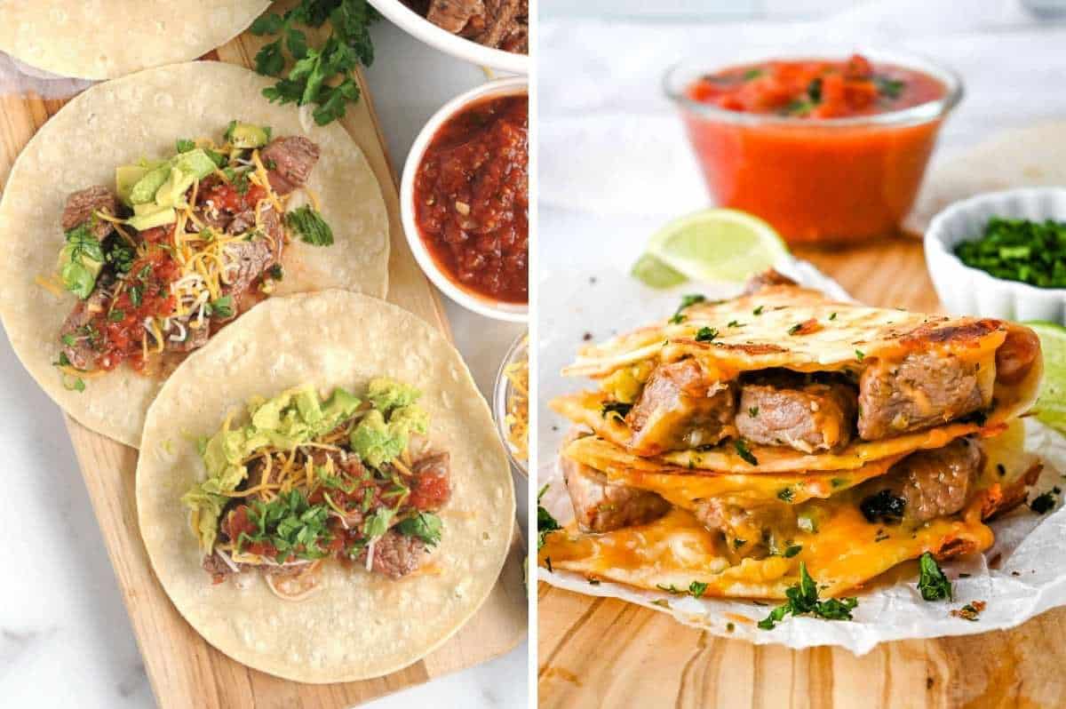 side by side shot of how to serve this recipe in tacos and in a quesadilla