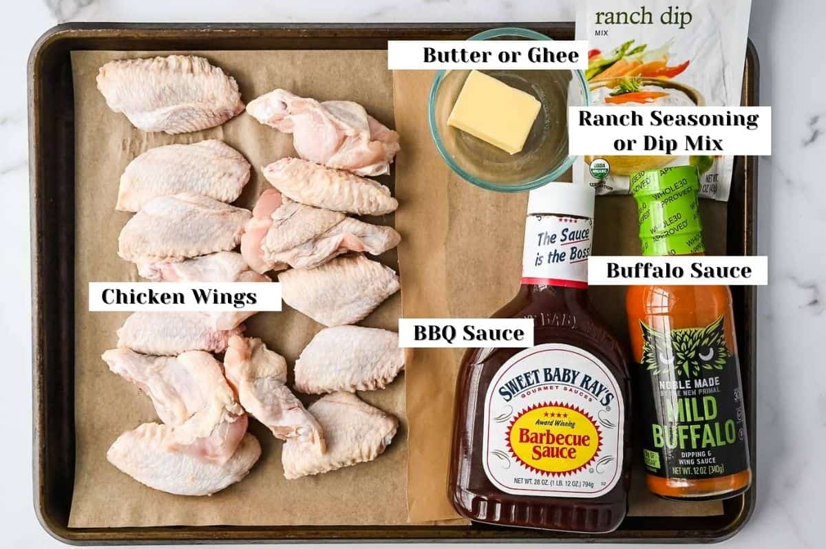 labeled ingredients shot of Ninja Foodi Chicken wings ingredients.