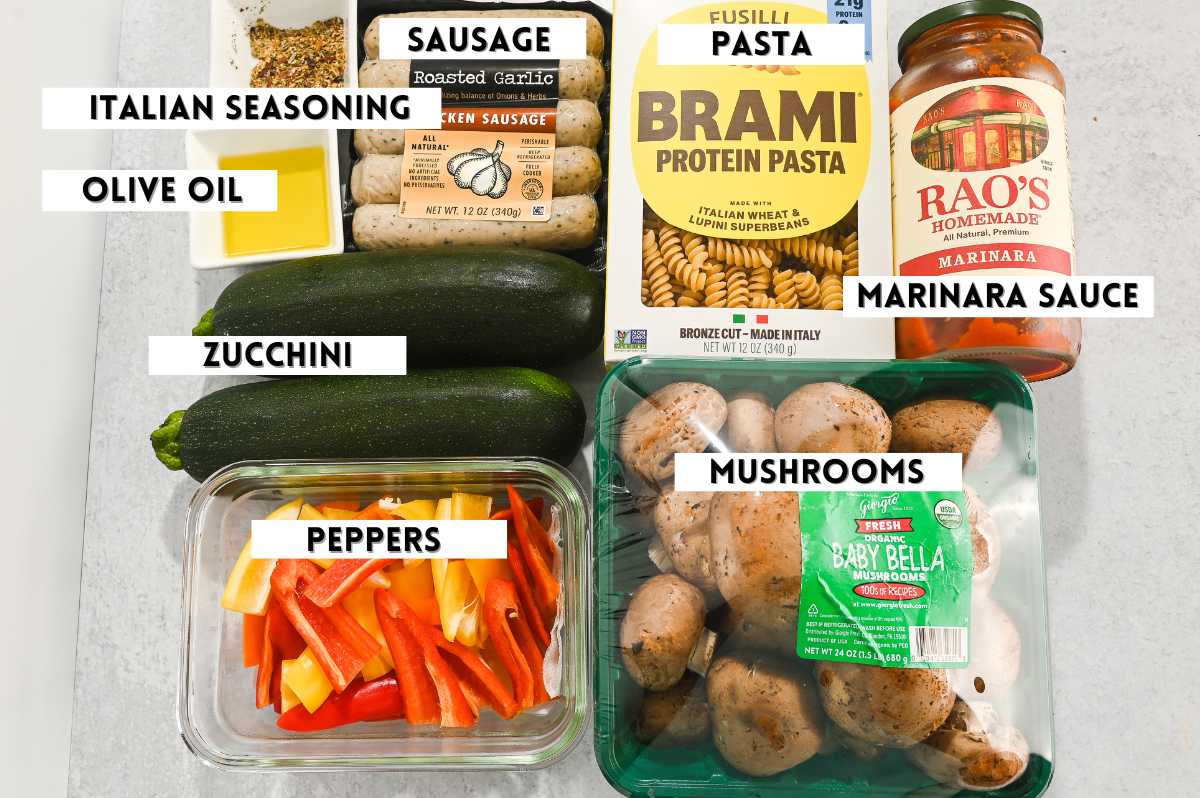 labeled ingredients for this chicken sausage pasta recipe.