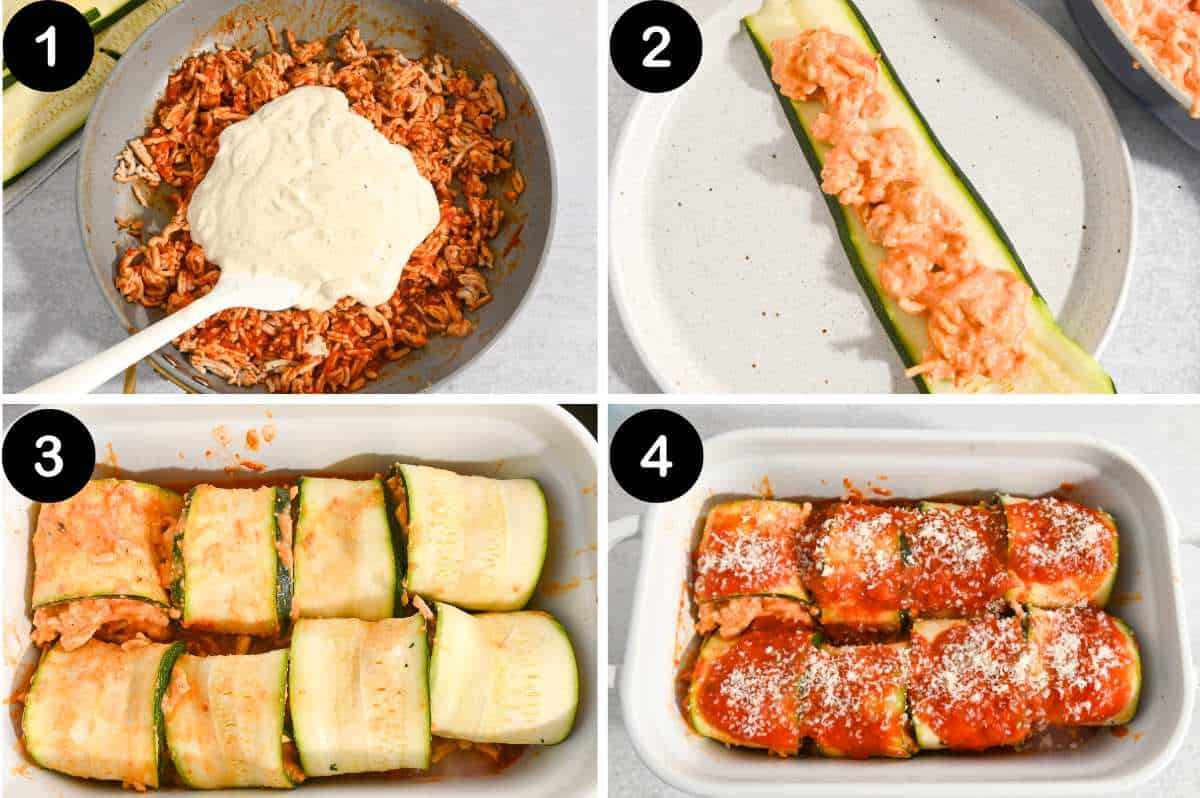 numbered steps for making zucchini rolls with ground turkey.