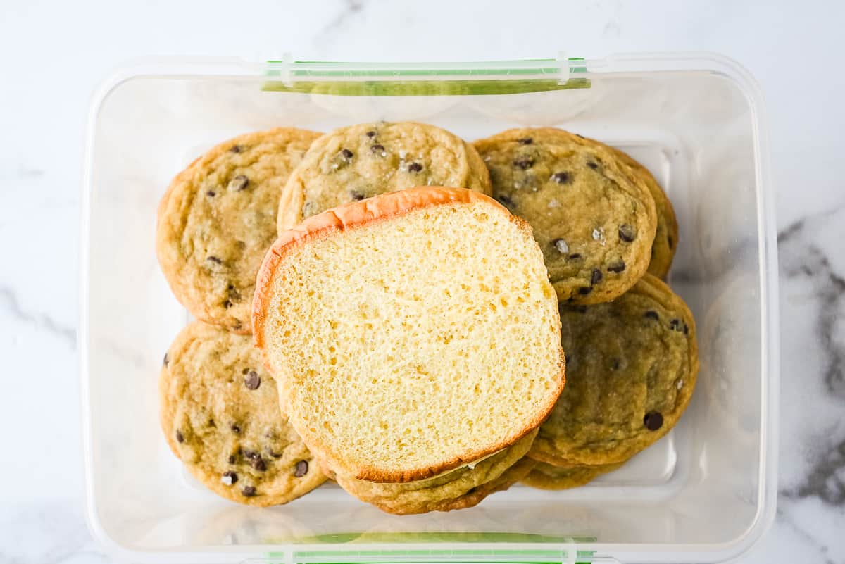 bread stored with chocolate chip cookies to keep them from drying out