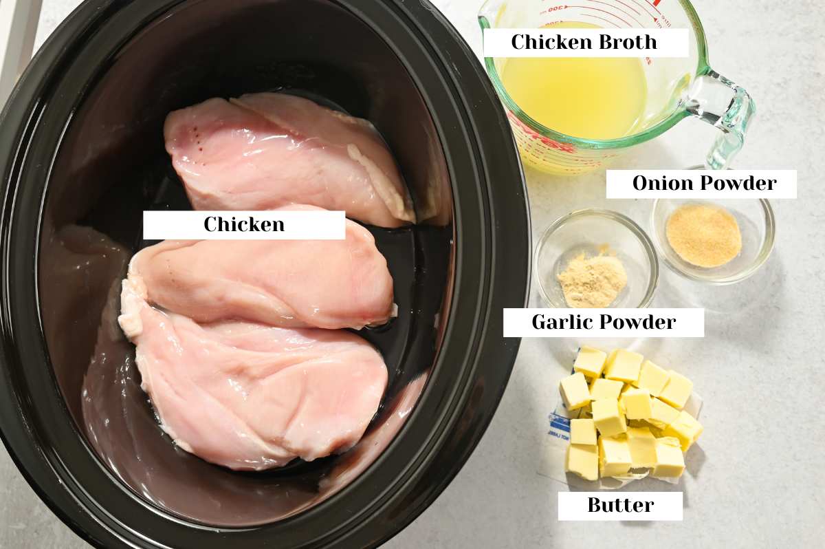 labeled ingredients for making chicken breast in the crock pot.