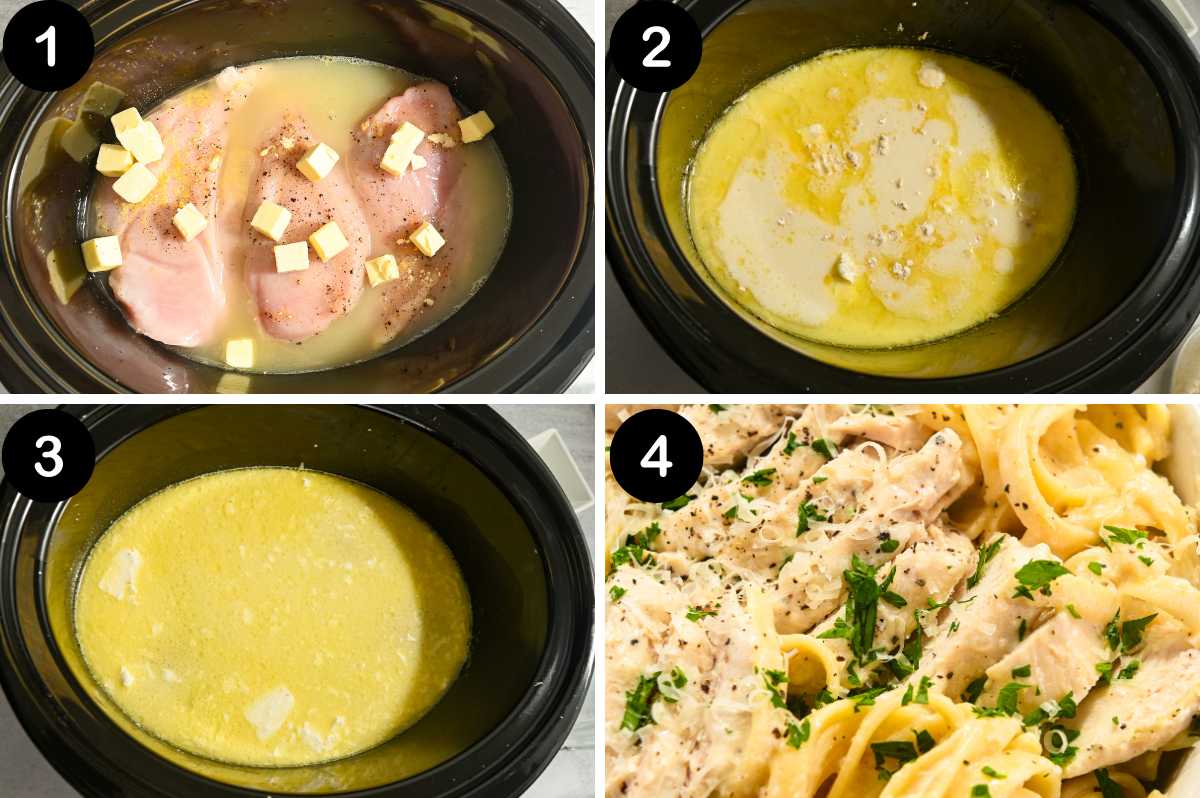 steps for making healthy crockpot chicken alfredo.