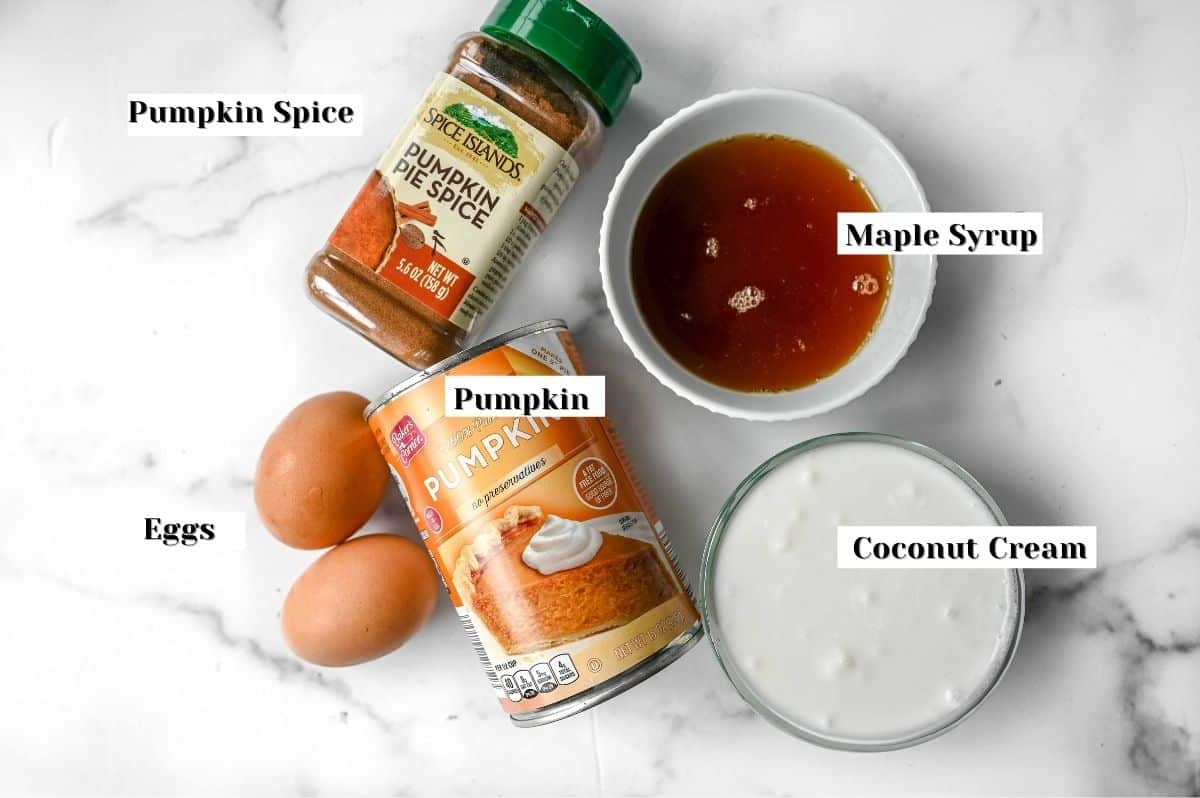 healthy pumpkin pie filling ingredients on a white background.