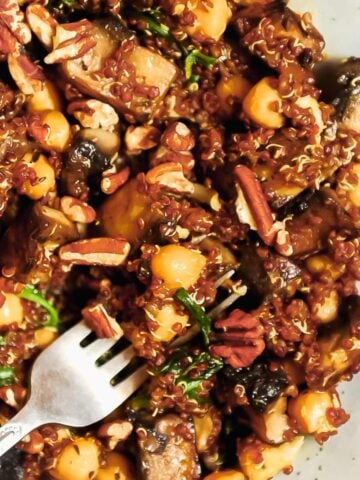 close up of quinoa bowl with a fork in it.