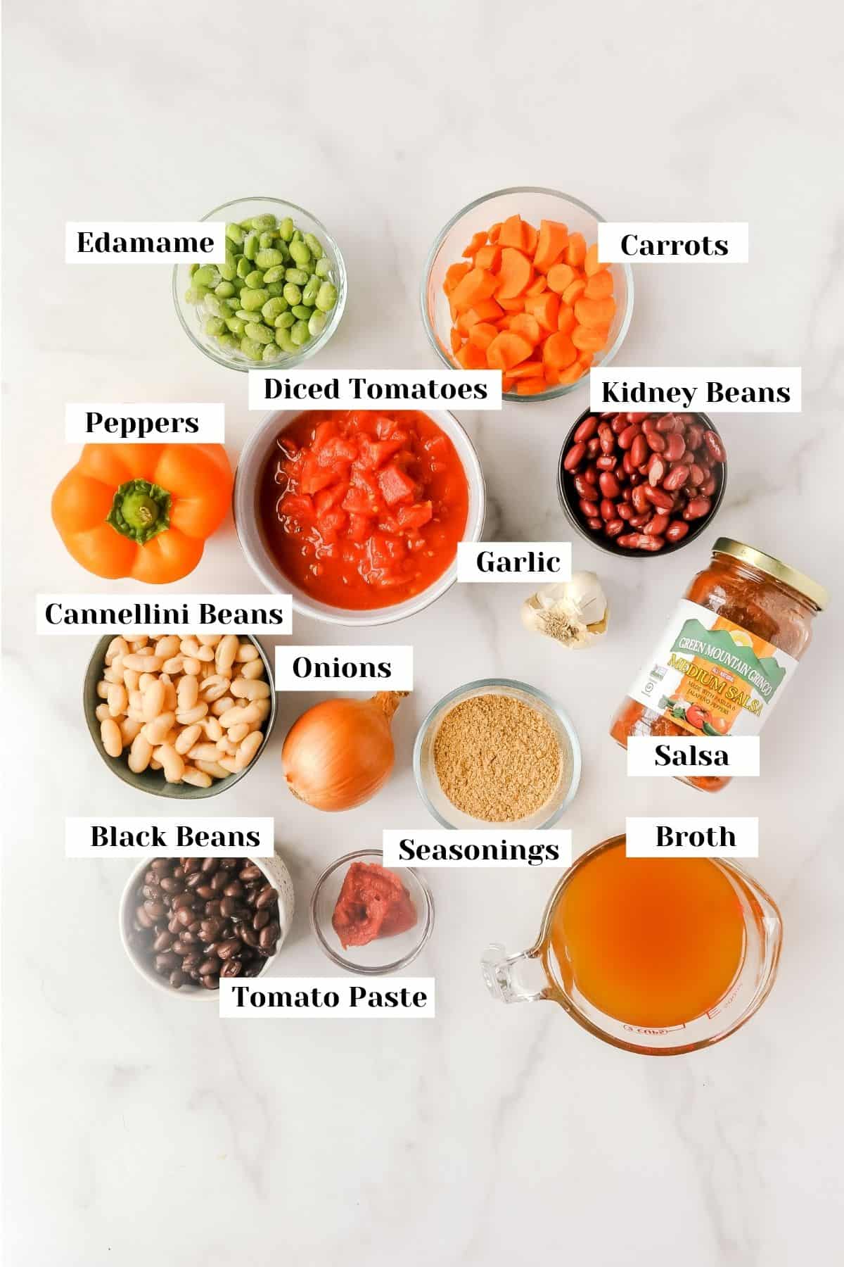 labeled ingredients for pressure cooker chili.