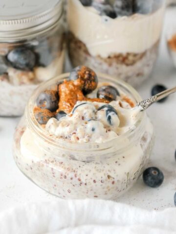 plant based quinoa breakfast jar with yogurt.