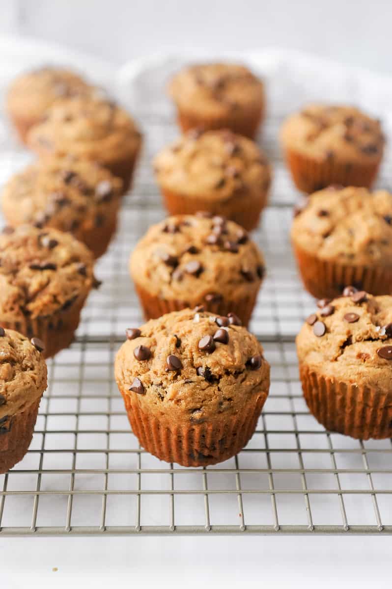chocolate chip muffins on a cooling rack