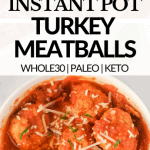 Healthy Instant Pot turkey meatballs with sauce are easy to make with only 5 ingredients! Ground turkey, garlic, almond flour, salt and olive oil create deliciously moist gluten free, keto Whole30 meatballs in just minutes!