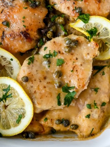 pan of gluten free chicken piccata.