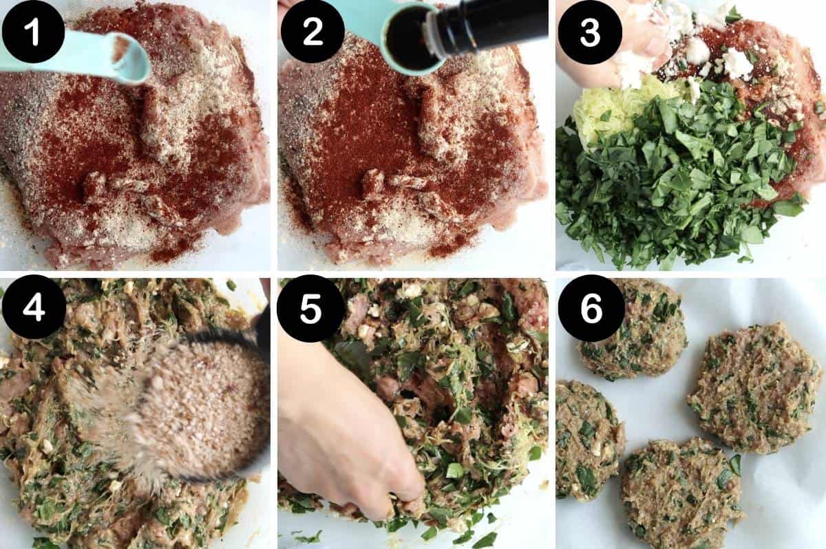 numbered steps showing healthy turkey burgers being made step-by-step.