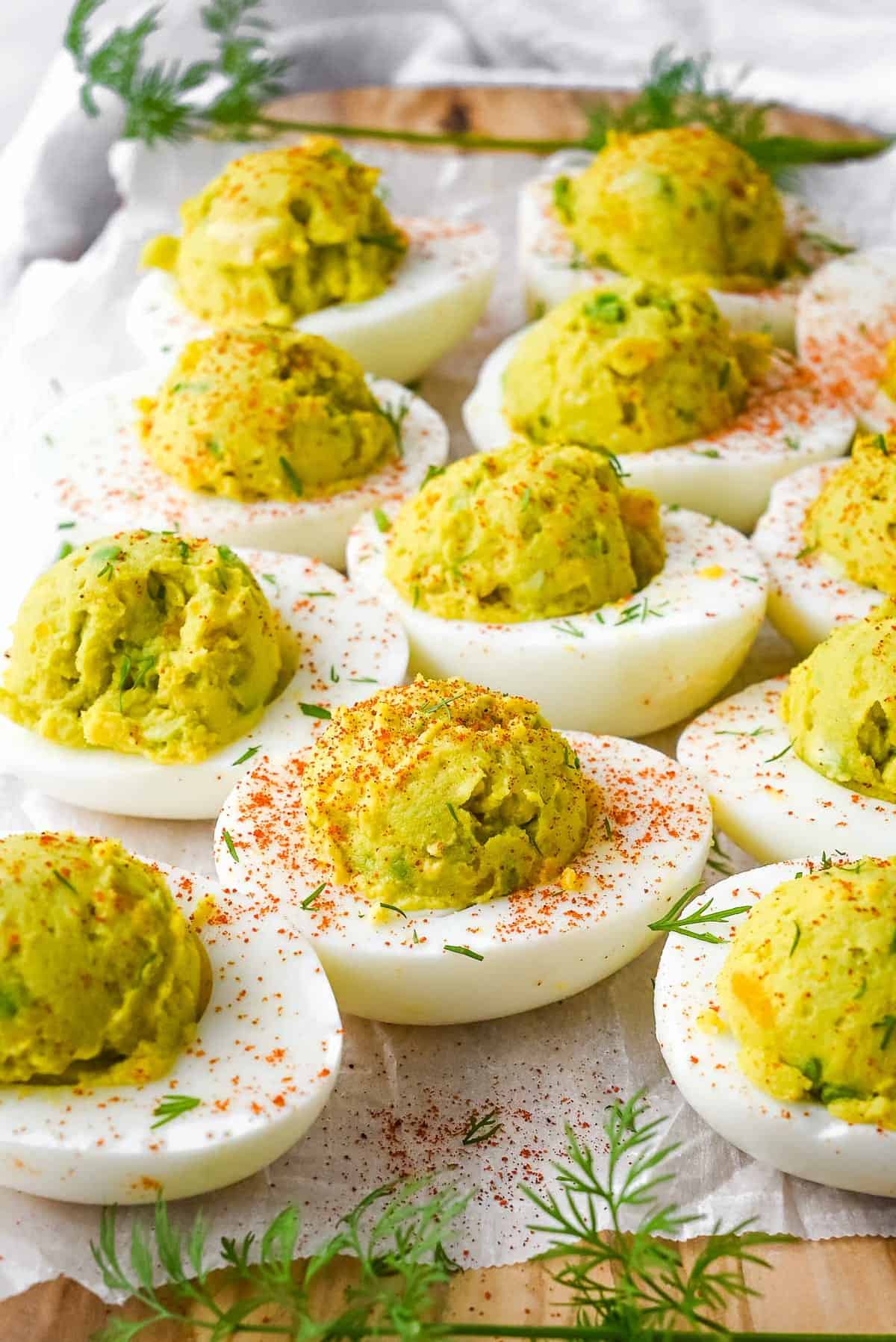 deviled eggs on a tray
