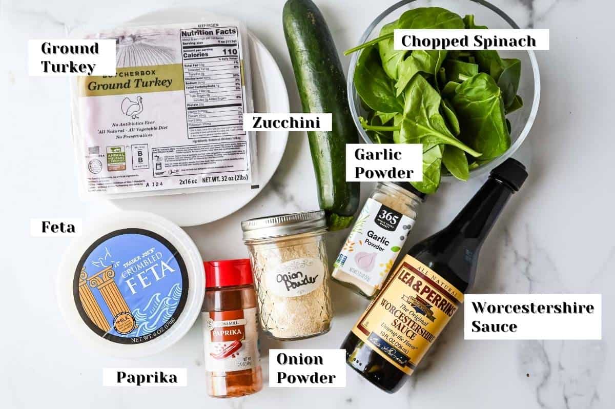 labeled ingredients for making healthy turkey burgers on a white background.