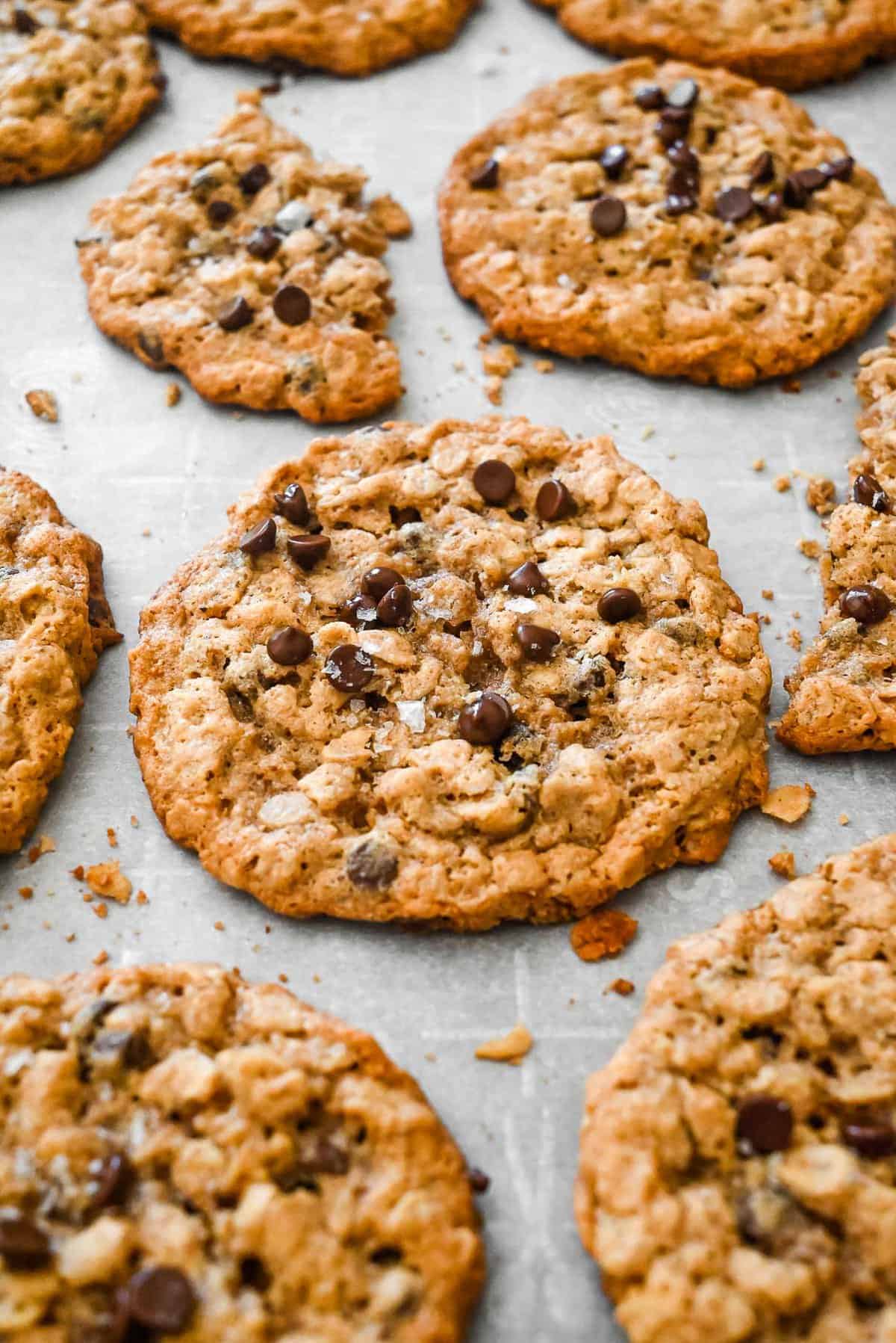 almond butter oatmeal cookies on white parchment paper topped with chocolate chips.