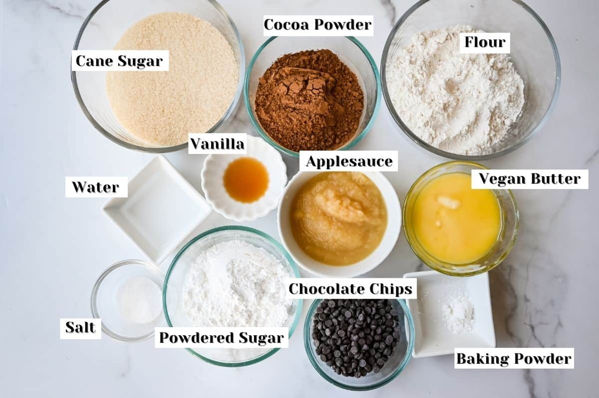 labeled ingredients for this no egg brownie recipe.