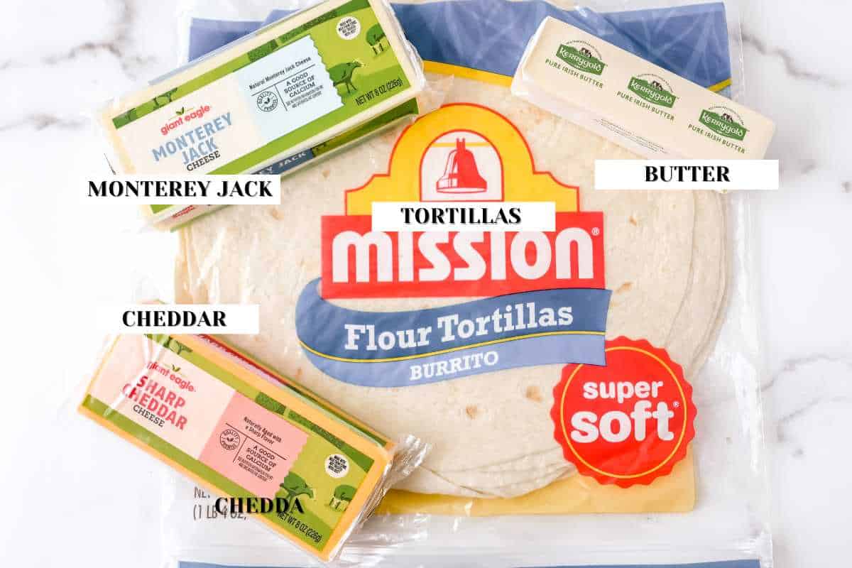 labeled ingredient shot for cheese quesadilla recipe.