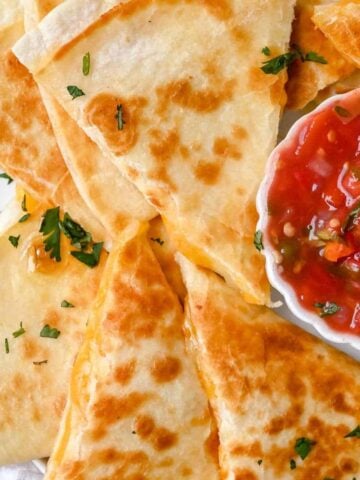 close up of white plate of cheese quesadilla quarters topped with cilantro next to a bowl of salsa on a white background.
