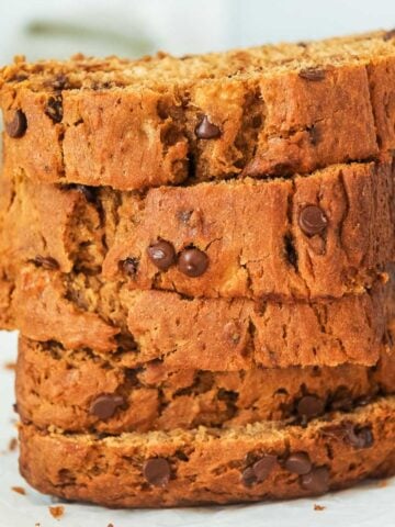 close up of stack of gluten-free dairy-free banana bread.