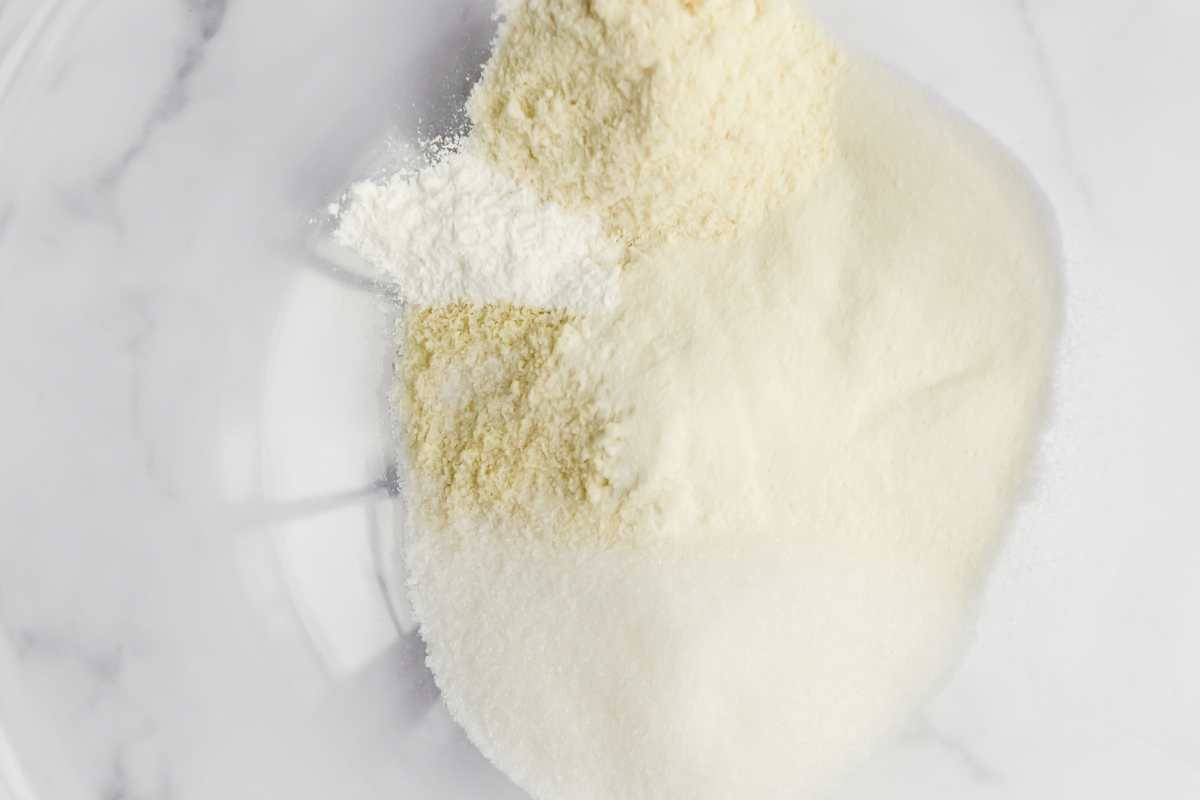 keto donuts dry ingredients in a glass bowl.