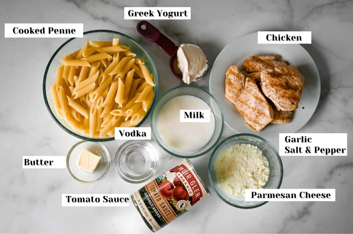 labeled ingredients for making this chicken penne pasta.