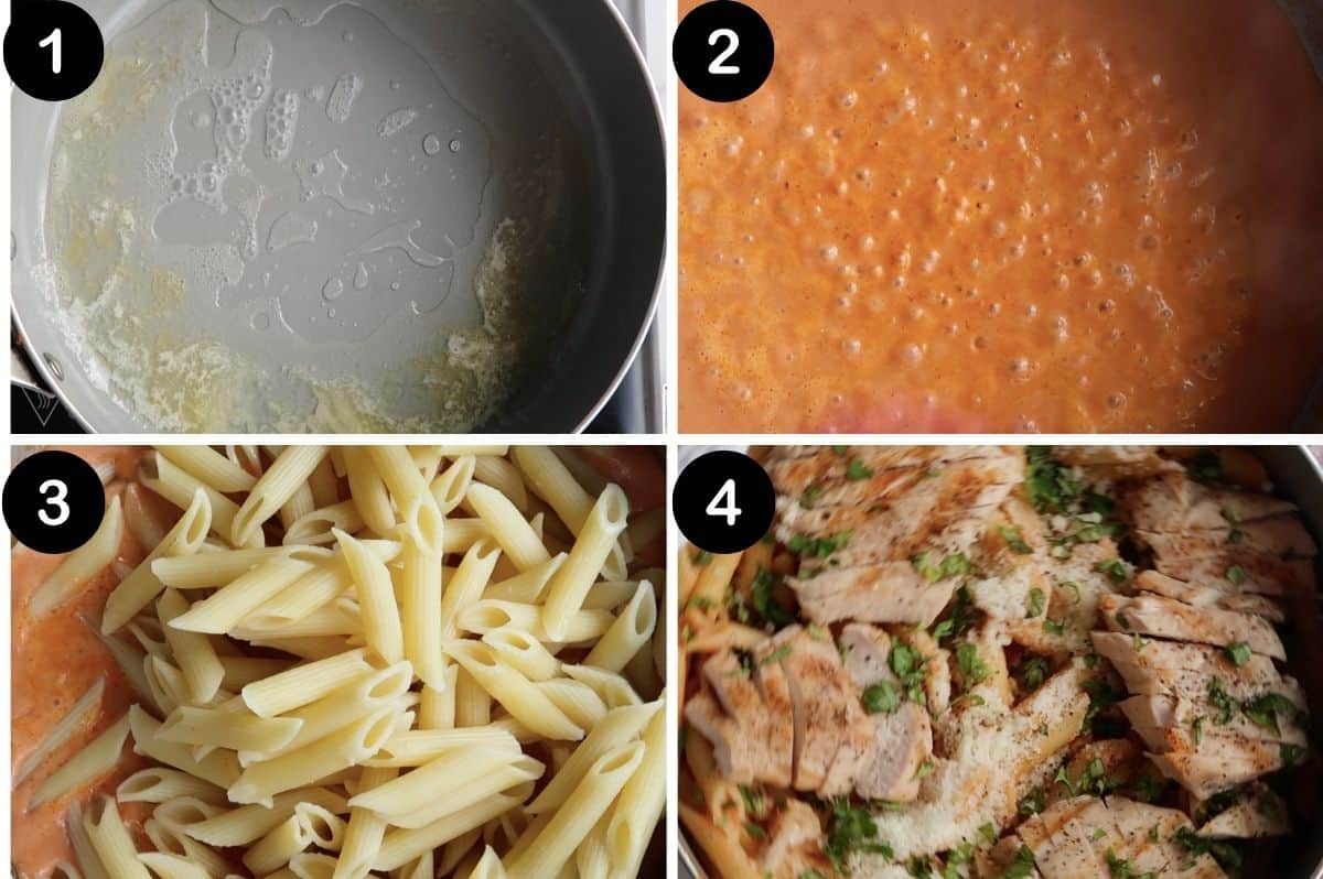 numbered steps for making healthy chicken penne alla vodka.