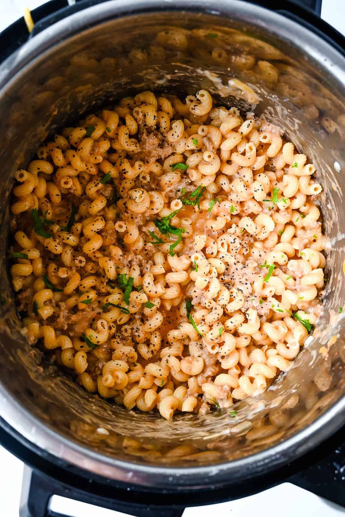 instant pot hamburger helper in the pot.
