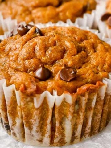 close up of pumpkin zucchini muffins in a white liner topped with chocolate chips.
