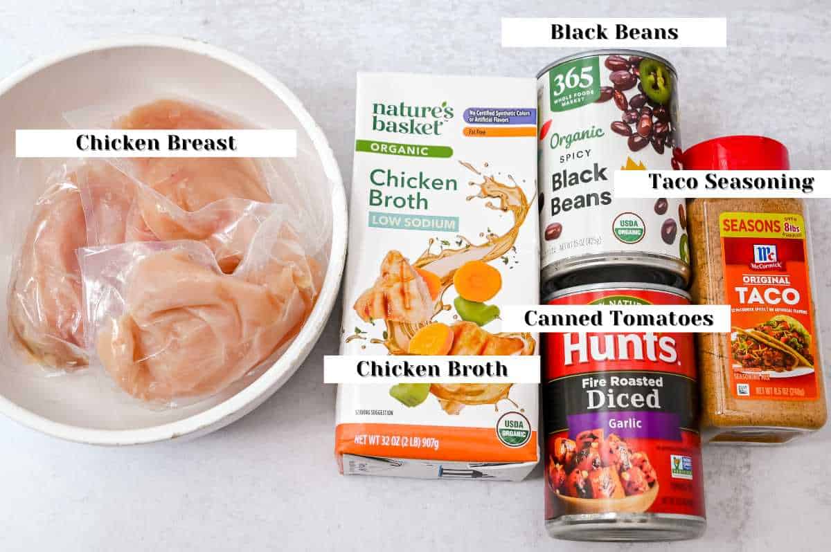 chicken tortilla soup ingredients labeled on a white background.