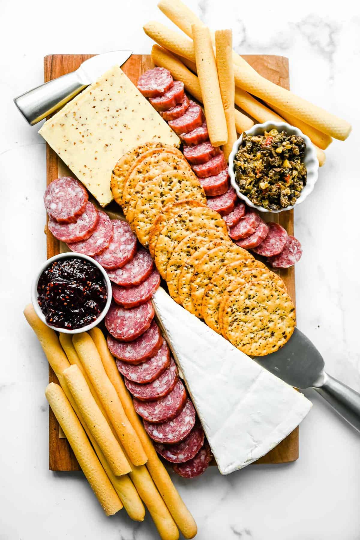small charcuterie board with an assortment of meat, cheese and crackers from Trader Joe's