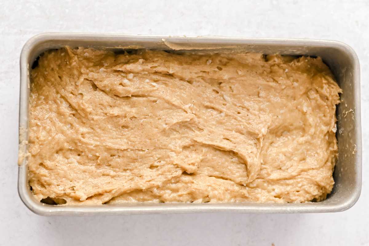loaf batter in a bread pan.