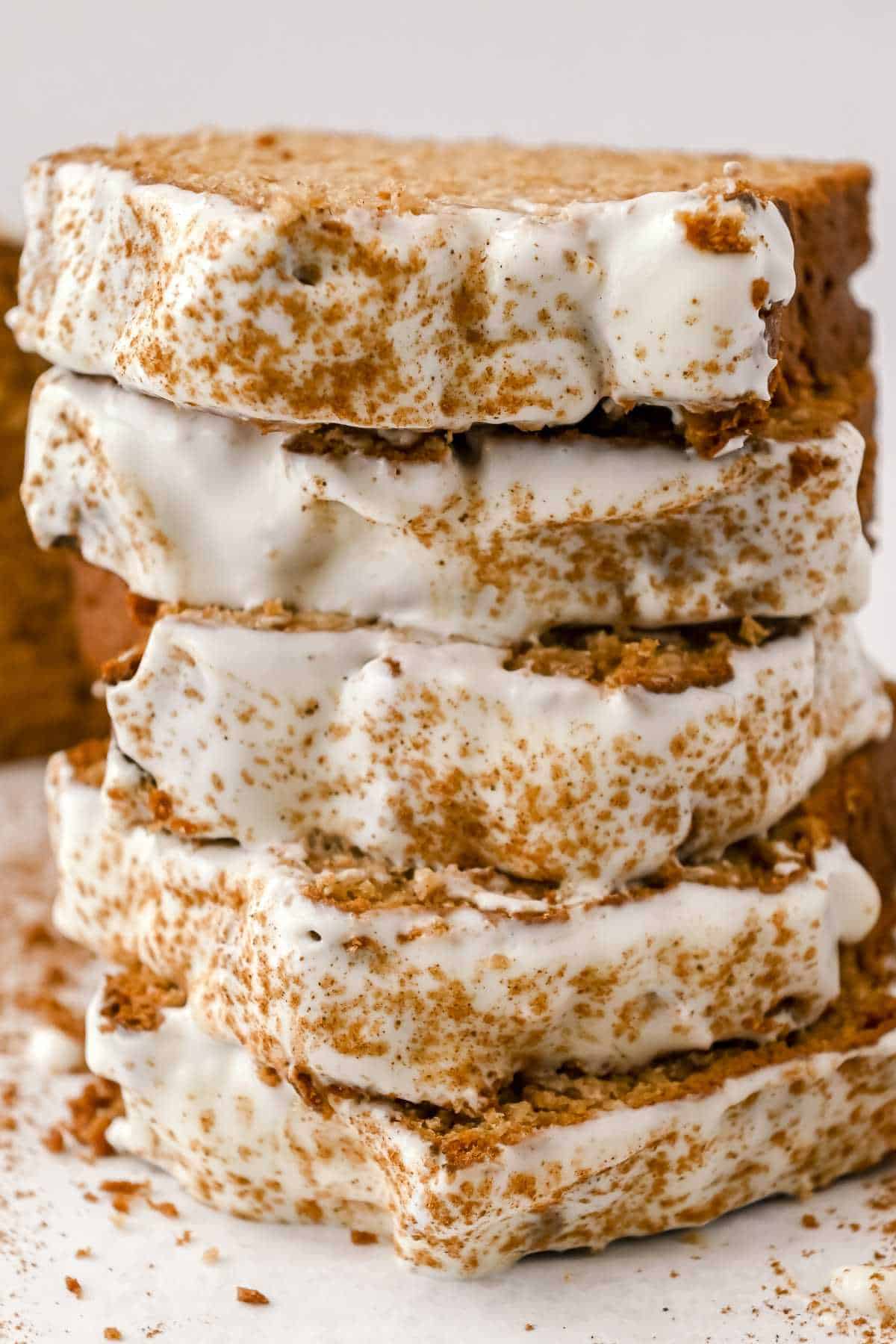 stack of gingerbread with cream cheese frosting.