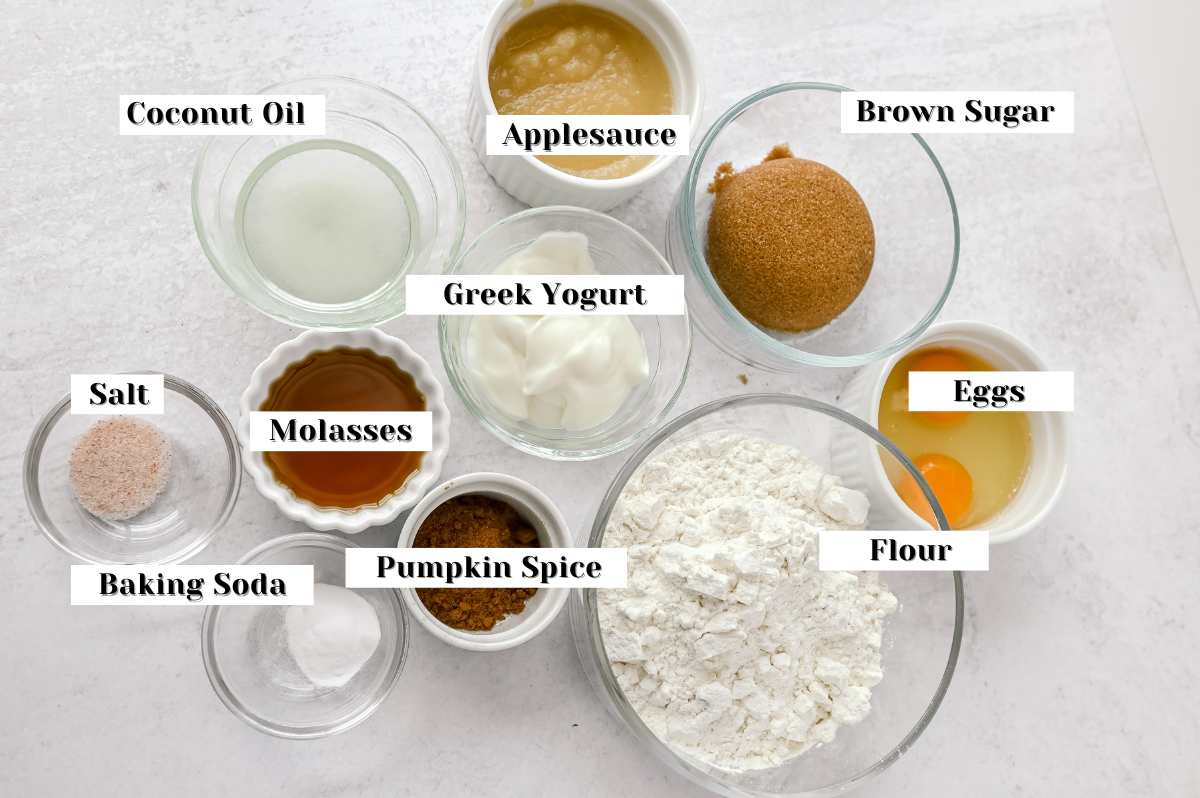 labeled ingredients for gingerbread loaf on a white background.