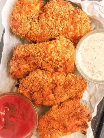 four pieces of pancake chicken with sauces on the side.