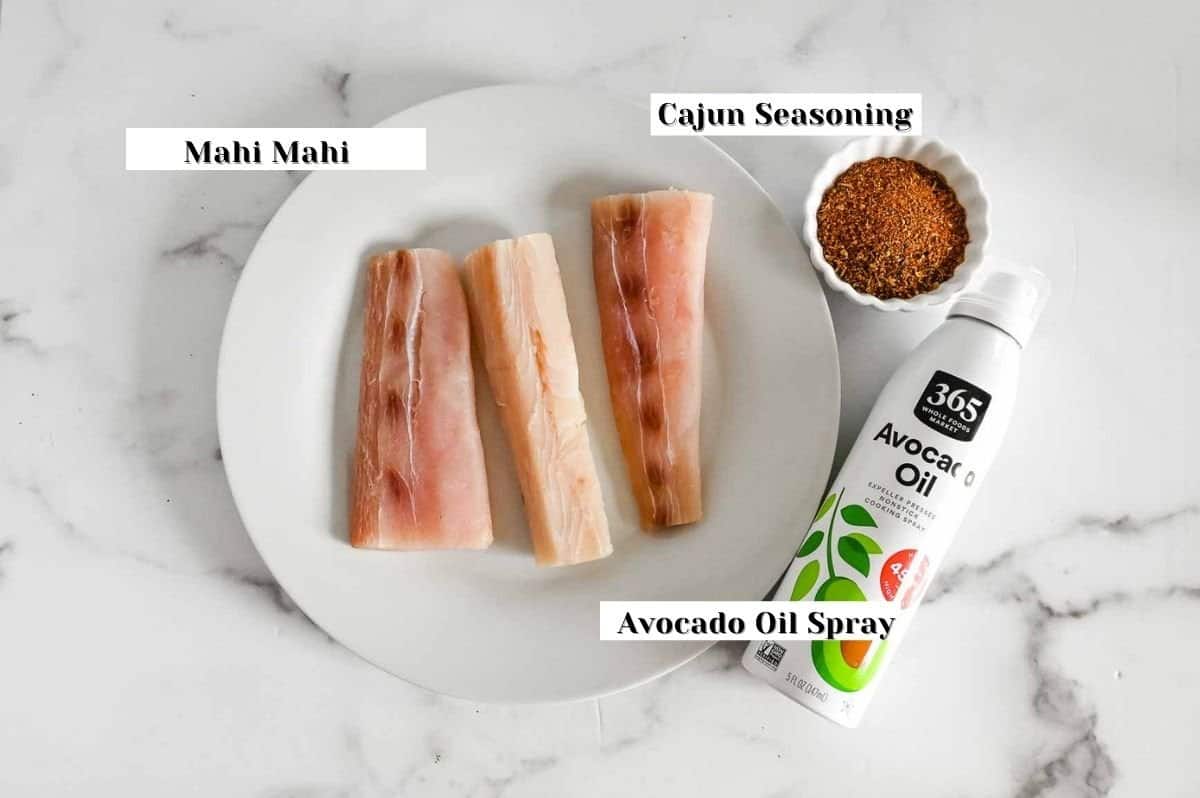 labeled ingredients for this mahi mahi air fryer recipe.