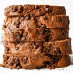 close up shot of healthy zucchini bread slices in a stack.