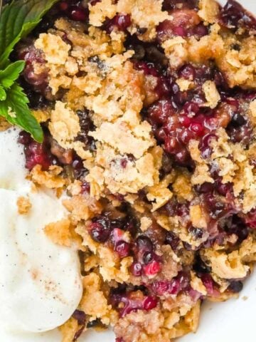 close up shot of blackberry cobbler with ice cream in a white bowl topped with mint.