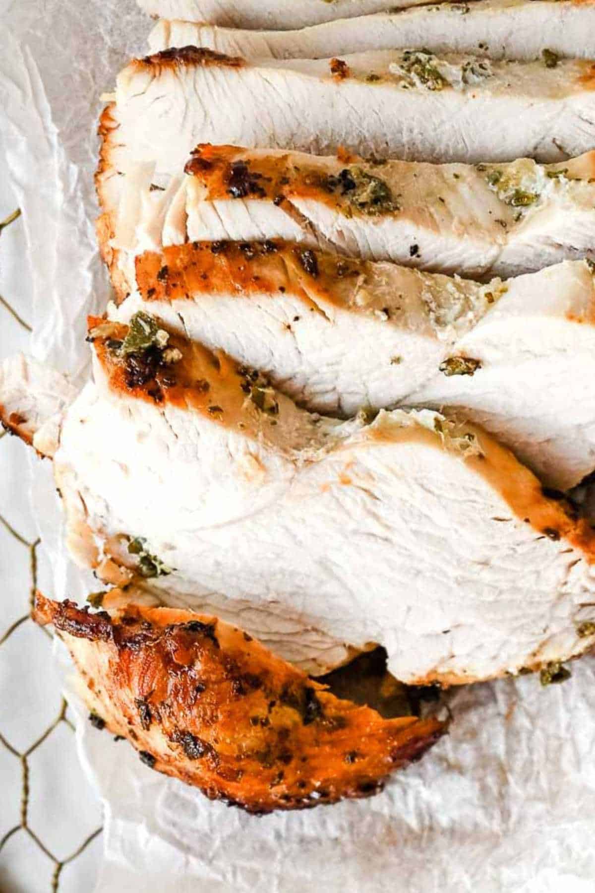 close up shot of air fryer boneless turkey breast slices.