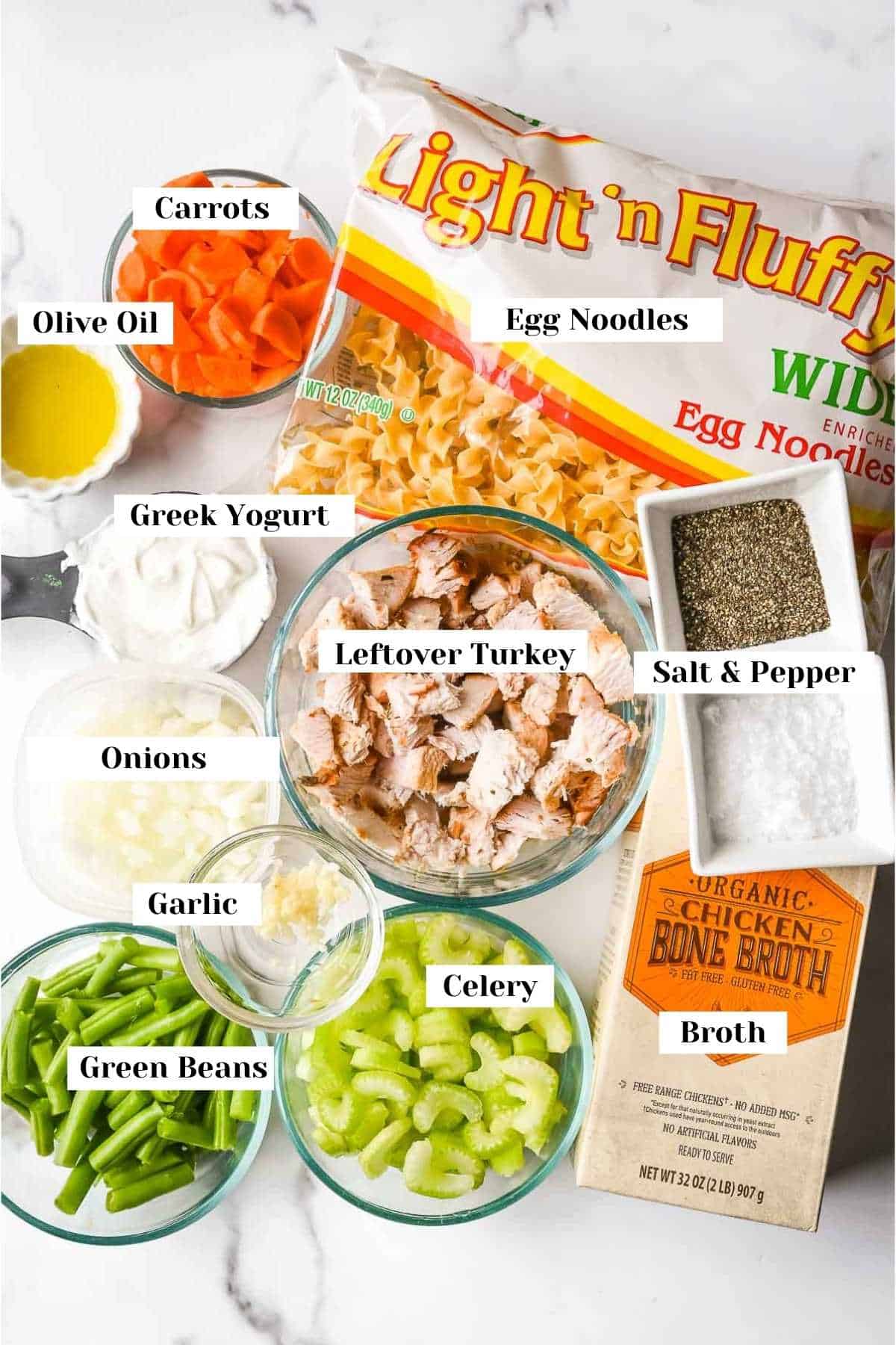 labeled ingredients for instant pot turkey noodle soup.