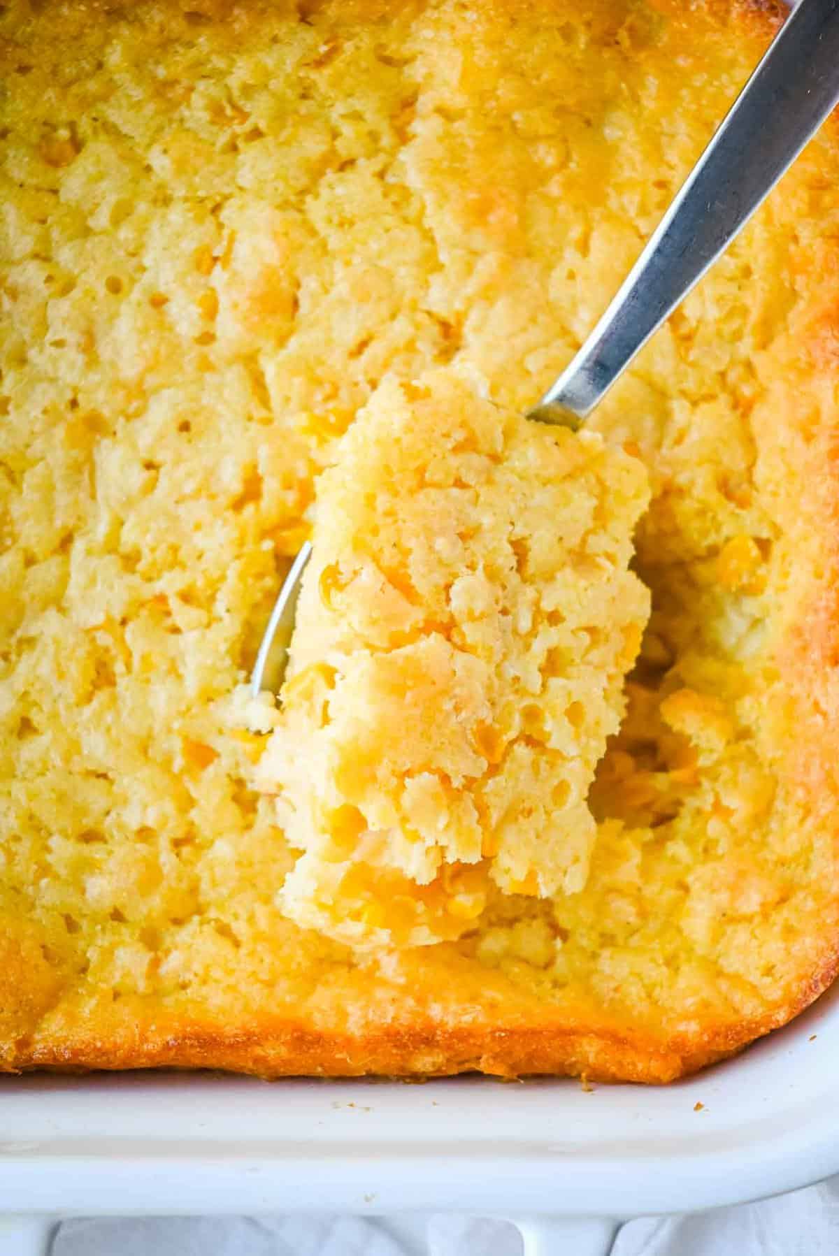 scoop of healthy corn casserole close up shot.